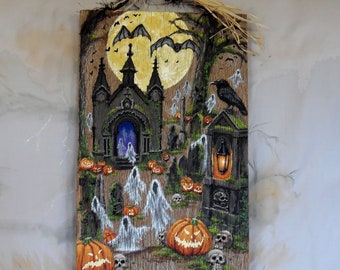 Wraiths of the Ghastly Graveyard, hand painted barnwood, Halloween, rustic art, 10 3/4” x 17 3/4”