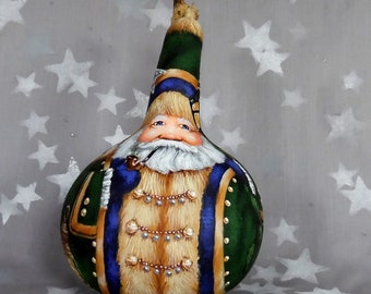 Nicholas the Pirate, hand painted gourd art, Santa Claus figure, 8 5/8” tall x 5 1/2” diameter