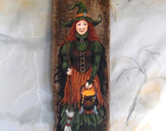 Just Blew In, witch painting, Halloween barnwood, hand painted art, fun, 5 3/4” x 16 1/2”