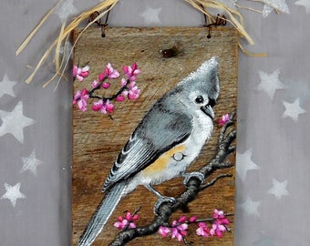 Redbuds and Titmouse, perching bird, unique hand painted art on aged wood, 6 3/8” x 9 1/4”