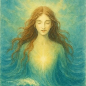 Puede incluir: Una pintura de acuarela de una mujer con el pelo largo y rojo que fluye, los ojos cerrados y una suave sonrisa en su rostro. Está rodeada por un mar azul y verde que gira, con una luz brillante que emana de su pecho.