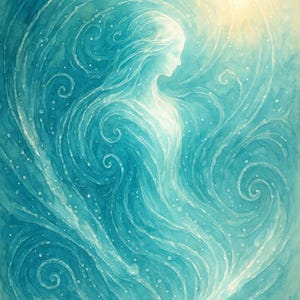 Könnte beinhalten: Ein Aquarellbild einer Frauensilhouette in einem wirbelnden blau-weißen Muster. Die Form der Frau ist ätherisch und durchscheinend und verschmilzt mit dem Hintergrund.