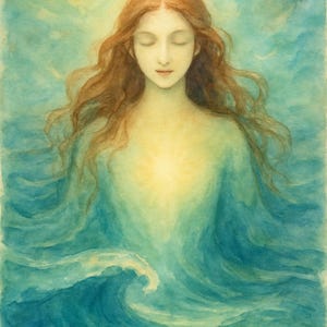Op de afbeelding: Een aquarel schilderij van een vrouw met lang, golvend rood haar, gesloten ogen en een serene uitdrukking. Ze is omringd door draaiend blauw water, met een helder licht dat uit haar borst straalt.