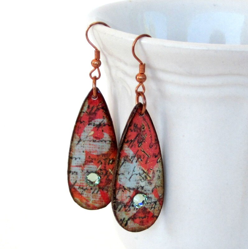 Decoupaged Earrings Teardrop Dangle Summer Earrings Swarovski Etsy