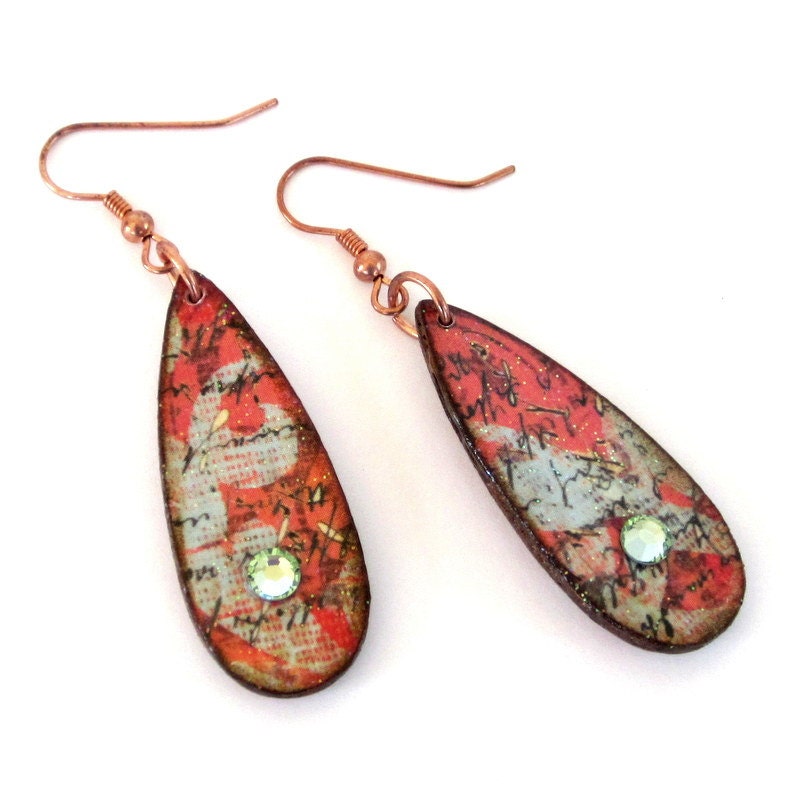 Decoupaged Earrings Teardrop Dangle Summer Earrings Swarovski Etsy