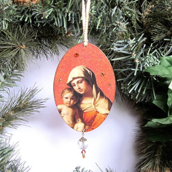 Christmas Ornament Virgin Mary Baby Jesus Decoupaged Nativity Etsy