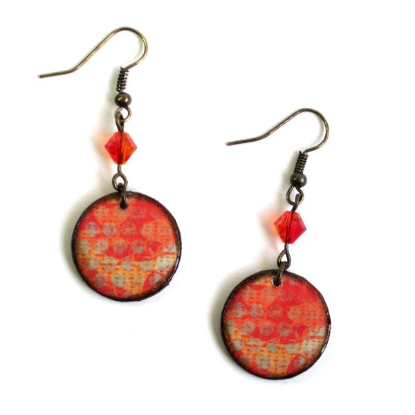 Decoupaged Earrings Circles Dangle Earrings Crystal Beaded Earrings Red Orange Fall Earrings Fall Jewelry Gifts for Her 10 and Under