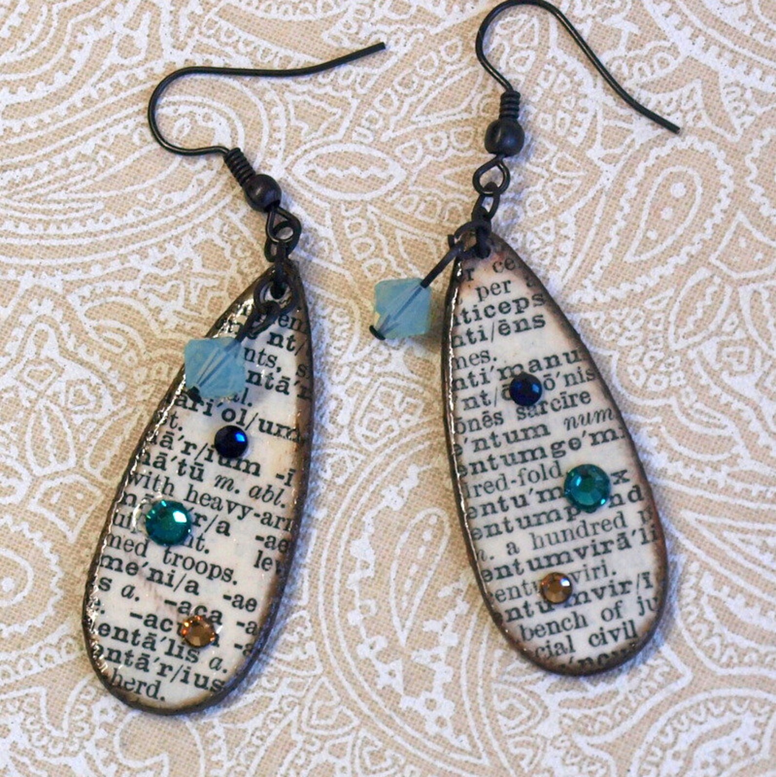 Dictionary Print Earrings Decoupaged Crystal Drop Aqua Blue Etsy