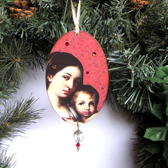 Christmas Ornament Virgin Mary Baby Jesus Decoupaged Nativity Etsy