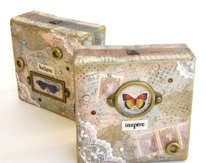 Original Mixed Media Art Collage Set of Two Mixed Media Butterfly Art