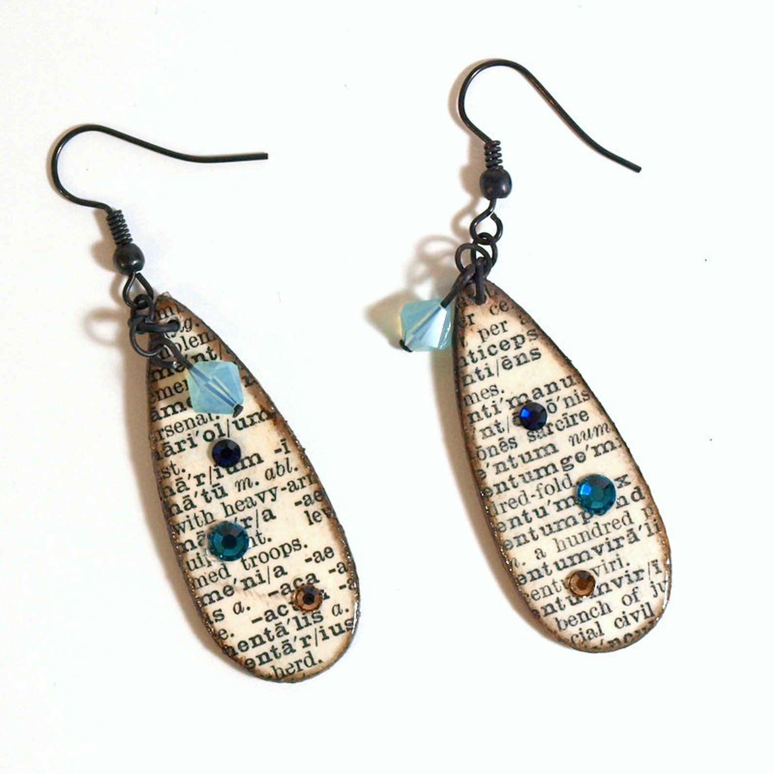 Dictionary Print Earrings Decoupaged Crystal Drop Aqua Blue Etsy