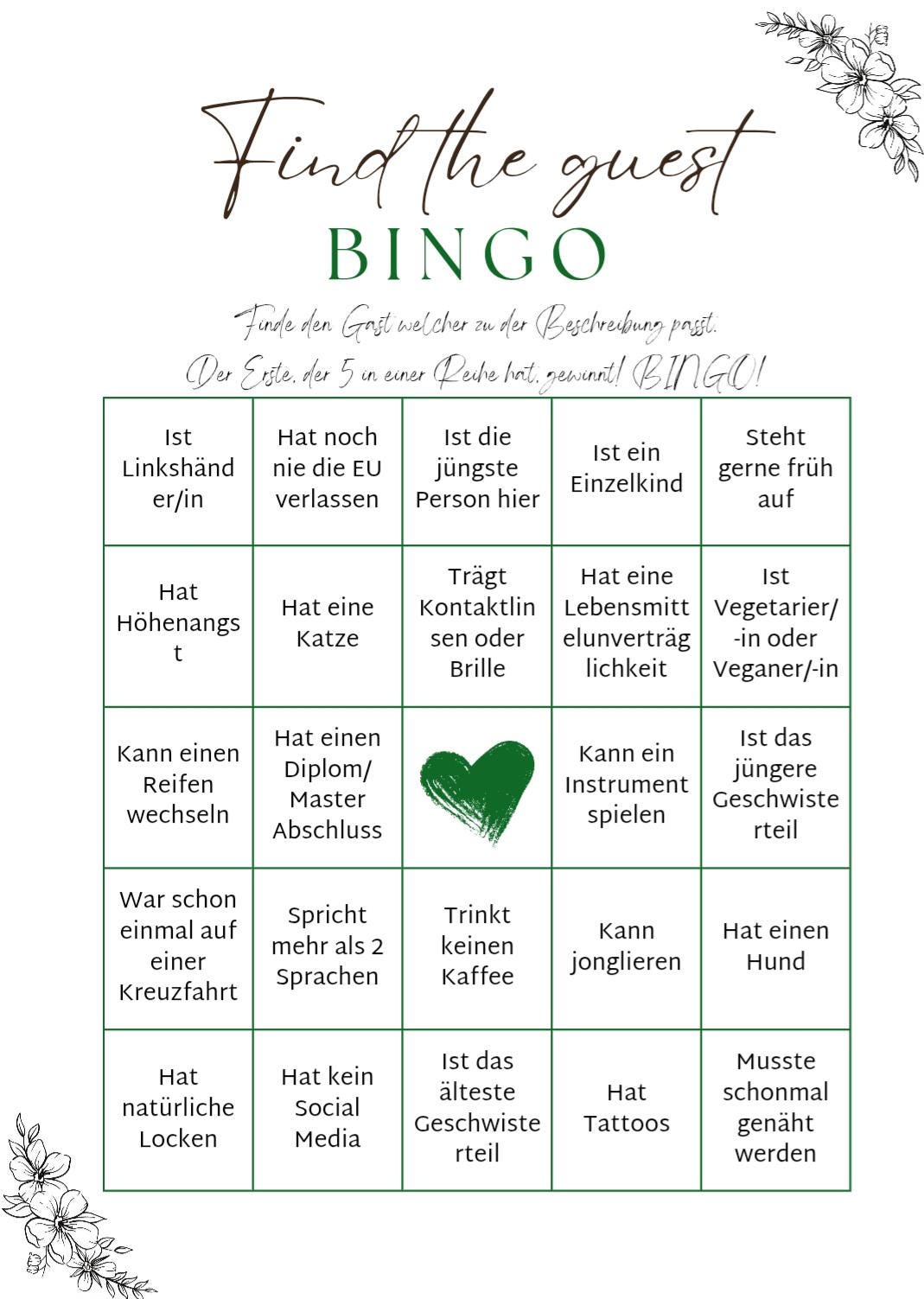 Party game, bingo, guest bingo, wedding bingo