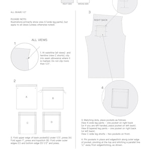 May include: Sewing instructions for a pair of pants with pockets. The instructions include diagrams showing how to fold and stitch the pockets. The text includes the phrase "All seams 1/2" and "Right Back".