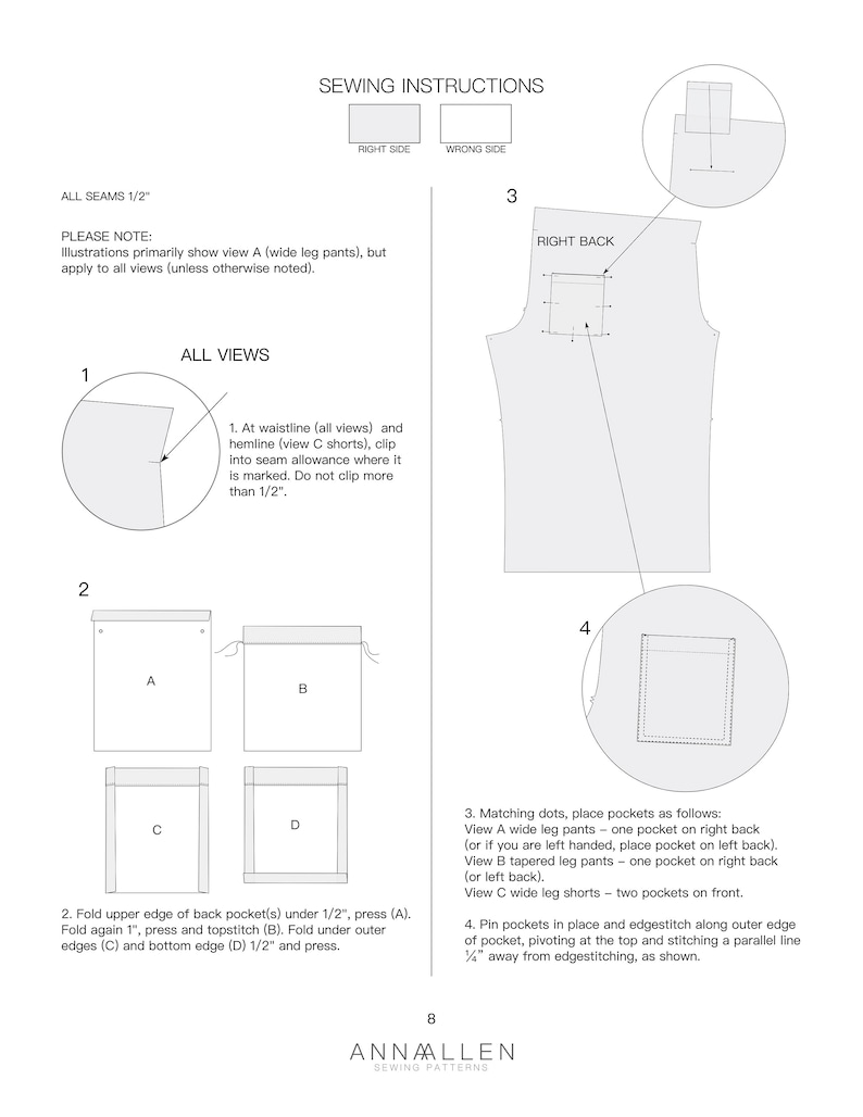 May include: Sewing instructions for a pair of pants with pockets. The instructions include diagrams showing how to fold and stitch the pockets. The text includes the phrase "All seams 1/2" and "Right Back".