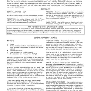 May include: Sewing pattern instructions for making loose-fitting pants and shorts with an elastic waistband. The pattern includes a glossary of sewing terms, tips for sewing with heavy weight fabric, and instructions for pre-washing fabric, sewing a test muslin, finding your size, and grading between sizes.
