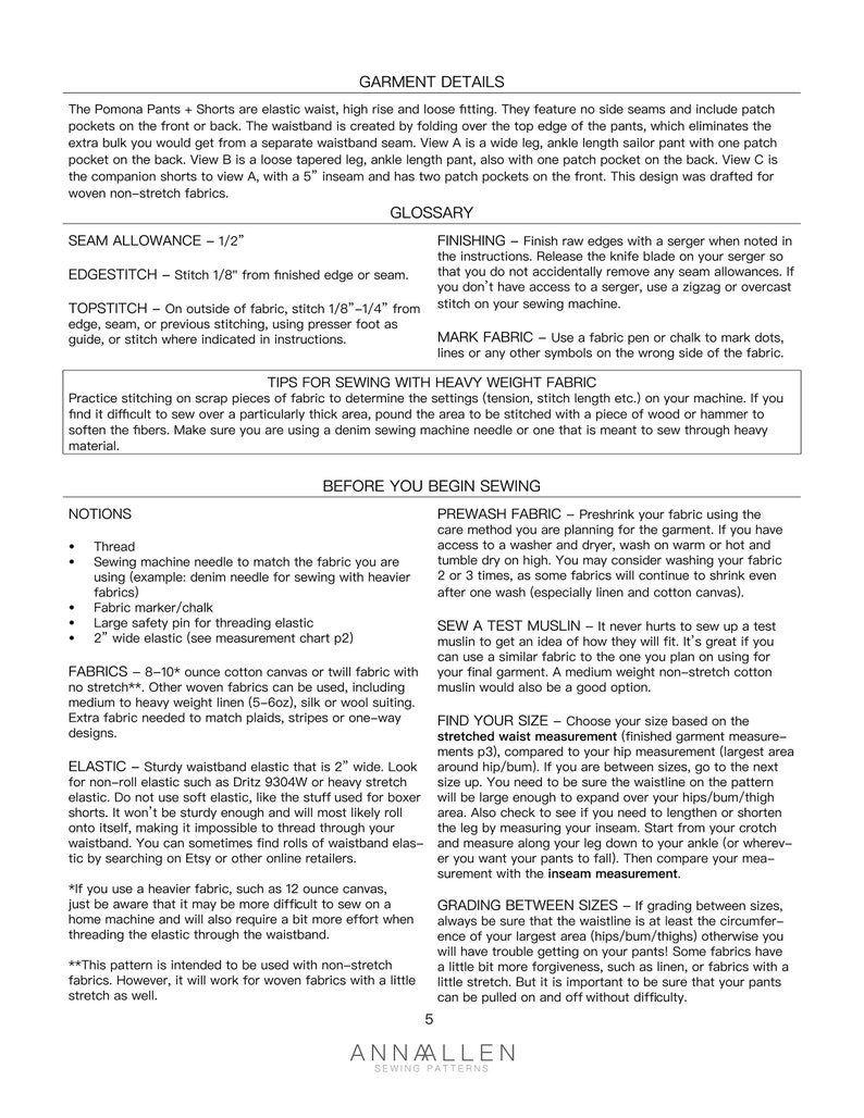 May include: Sewing pattern instructions for making loose-fitting pants and shorts with an elastic waistband. The pattern includes a glossary of sewing terms, tips for sewing with heavy weight fabric, and instructions for pre-washing fabric, sewing a test muslin, finding your size, and grading between sizes.
