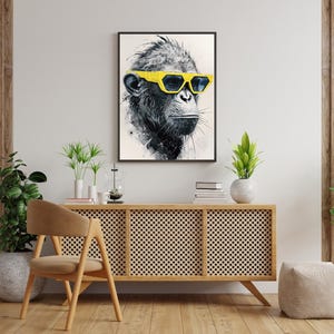 Wildlife Animal Art, Yellow Glasses Chimp Wall Art, Digital Chimpanzee Wall Living Room Decor, Cute Funny Wall Art, Instant Download