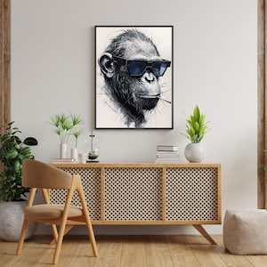 Chimpanzee Wall Art, Wildlife Animal Wall Art, Blue Glasses Chimp Wall Art, Digital Monkey Wall Above Bed Decor, Instant Download