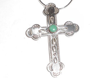 Excellent Old BELL Trading Post Navajo crafted Sterling silver and Turquoise Cross with Sterling Chain