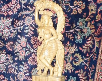 Vintage Large Sandalwood Carved Statue of HINDU Goddess Parvati mounted on Dark wood Base. Excellent Work of Art.