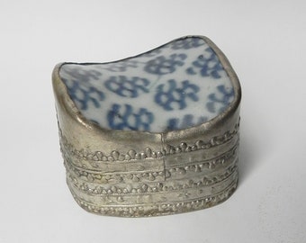 Unique Old Tribal Pill/Trinket Box, Metal and Porcelain--Origins Unknown.