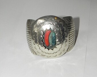 Navajo Sterling Silver Turquoise Coral Chip / Mosaic Cuff Bracelet - Etsy