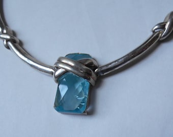 Vintage Modernist DISCO Era Silver ChokerNecklace with Rectangular Water Blue STONE Superb.