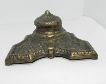 Antique Art Nouveau Brass-Bronze INKWELL with Porcelain Ink Pot, France