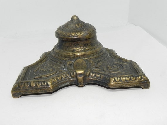 Art Nouveau Antique Gilt Inkwell, Glass Liner