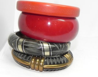 Four Vintage Colorful and Imposing large Bangle Bracelets--BAKELITE+