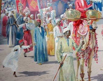 19th C Thure De Thulstrup CHROMOLITH of A Royal Arab Procession. Fabulous illustrative Art.