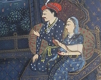 Classical Old INDIA Miniature Painting on paper-Man and Woman seated on Divan Drinking Tea.