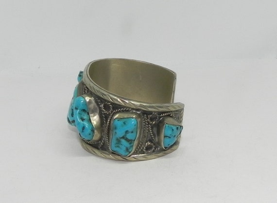 VINTAGE Mexico Handcrafted Silver & Turquoise Nug… - image 5