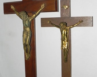 Two Vintage/Antique WOOD & Metal Crucifixes. 12" and 10". Early to Mid 20th C.