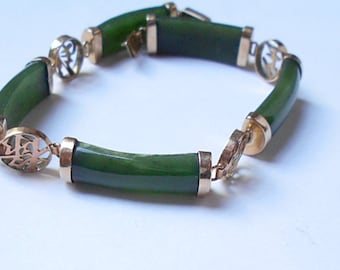 Vintage Fine quality CHINESE Green Jade and 18KT Gold Link Traditional style Bracelet.