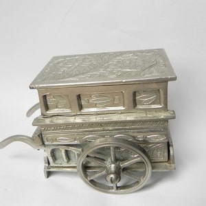 VINTAGE Etched Figural Windup Music Box--Looks Like Miniature Street Vendor CART. Fine Quality.