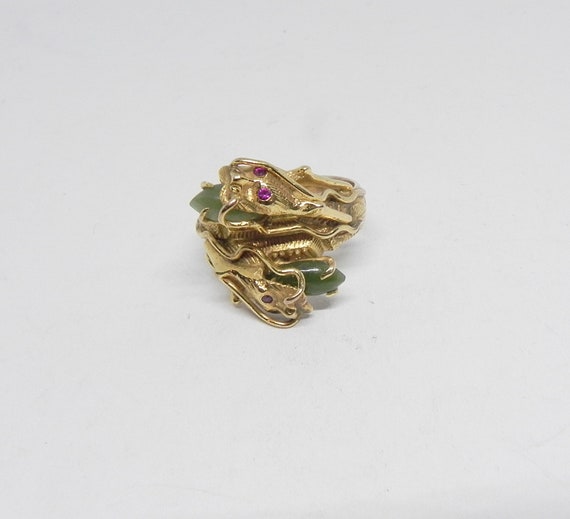 Beautiful Old 10K Gold Dragon Ring with Green Jad… - image 9