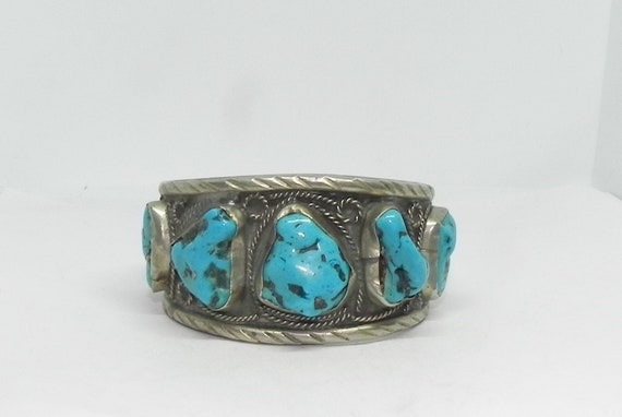 VINTAGE Mexico Handcrafted Silver & Turquoise Nug… - image 1