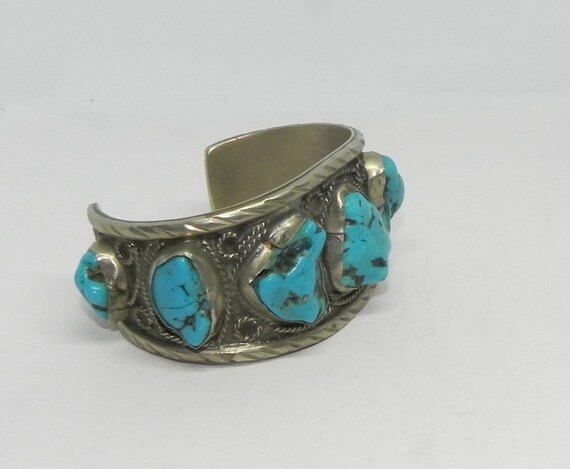 VINTAGE Mexico Handcrafted Silver & Turquoise Nug… - image 6
