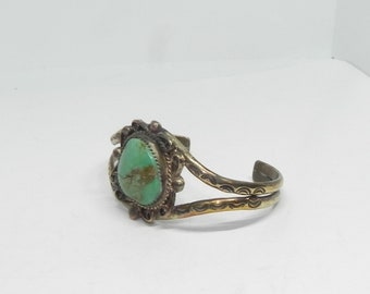 Vintage Brass NAVAJO Bracelet mounted w/Natural Turquoise Gemstone. Unusual.