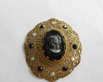 Fabulous Antique Victorian 19th C. Filigree Black Cameo Mourning BROOCH with colored stones--mourning becomes you.