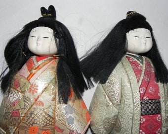 Pair of Lovely Large Vintage Japanese Dolls well-dressed in Brocade Kimonos