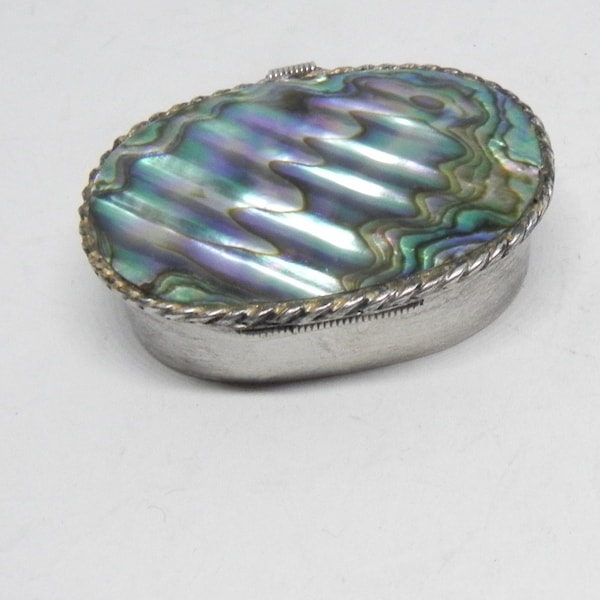 Vintage Mexican Silver Pill Box/Snuff Box w/Abalone Lid That Looks like Shimmering Pool of Water. Beautiful work.