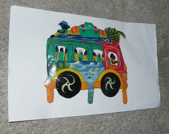 Whimsical Vintage Jamaican FOLK ART Painted Tin Plaque of Mini Bus and Passengers
