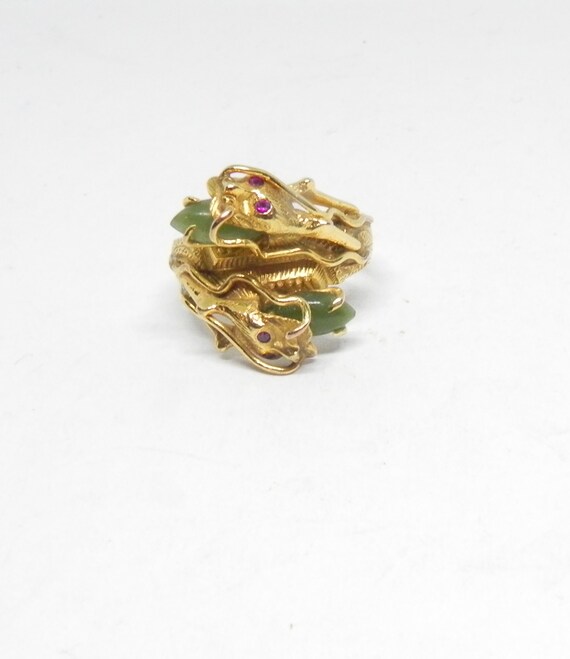 Beautiful Old 10K Gold Dragon Ring with Green Jad… - image 3