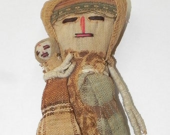 Antique Cloth RAG DOLL holding Baby. Fabulous Folk Art Work. Estate Fresh