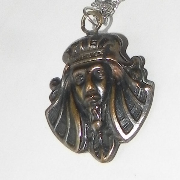 Egyptian Influence Bronze PHAROAH Pendant with silver chain.