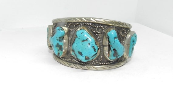 VINTAGE Mexico Handcrafted Silver & Turquoise Nug… - image 3