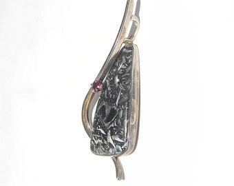 Vintage signed MODERNIST Sterling Silver Pendant w/Black and White Gemstone and Ruby. Artist Signed.