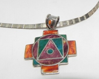 Excellent Vintage enameled High Grade Silver INCA CROSS/Chakana w/Flat Sterling silver Chain.